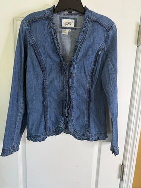 Live a Little Y2K Ruffled Edge Light weight Jean Jacket in Medium Wash. Size S